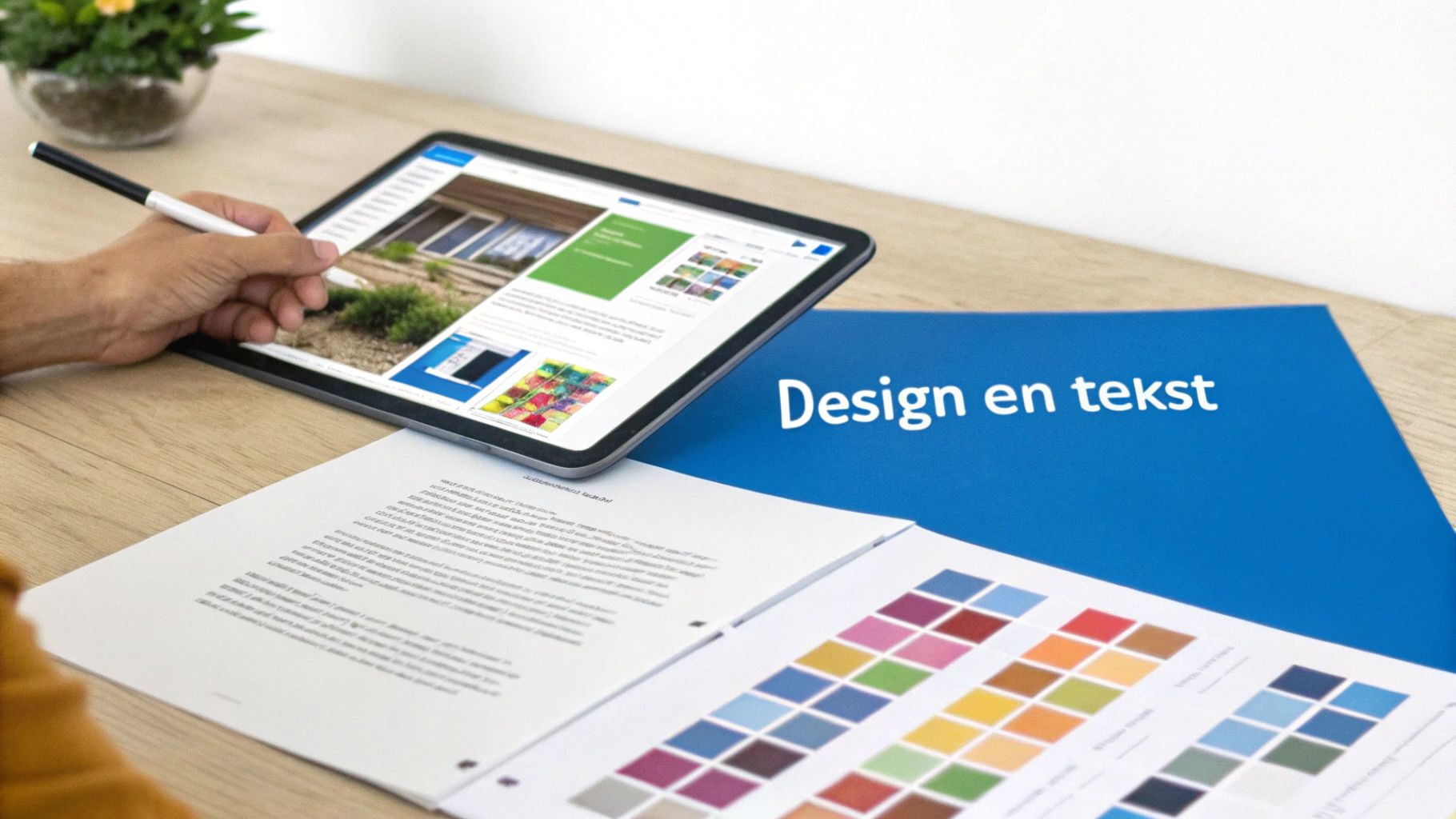 Een hand werkt met een stylus op een tablet met website-ontwerp, naast documenten en een blauwe map op een houten bureau.