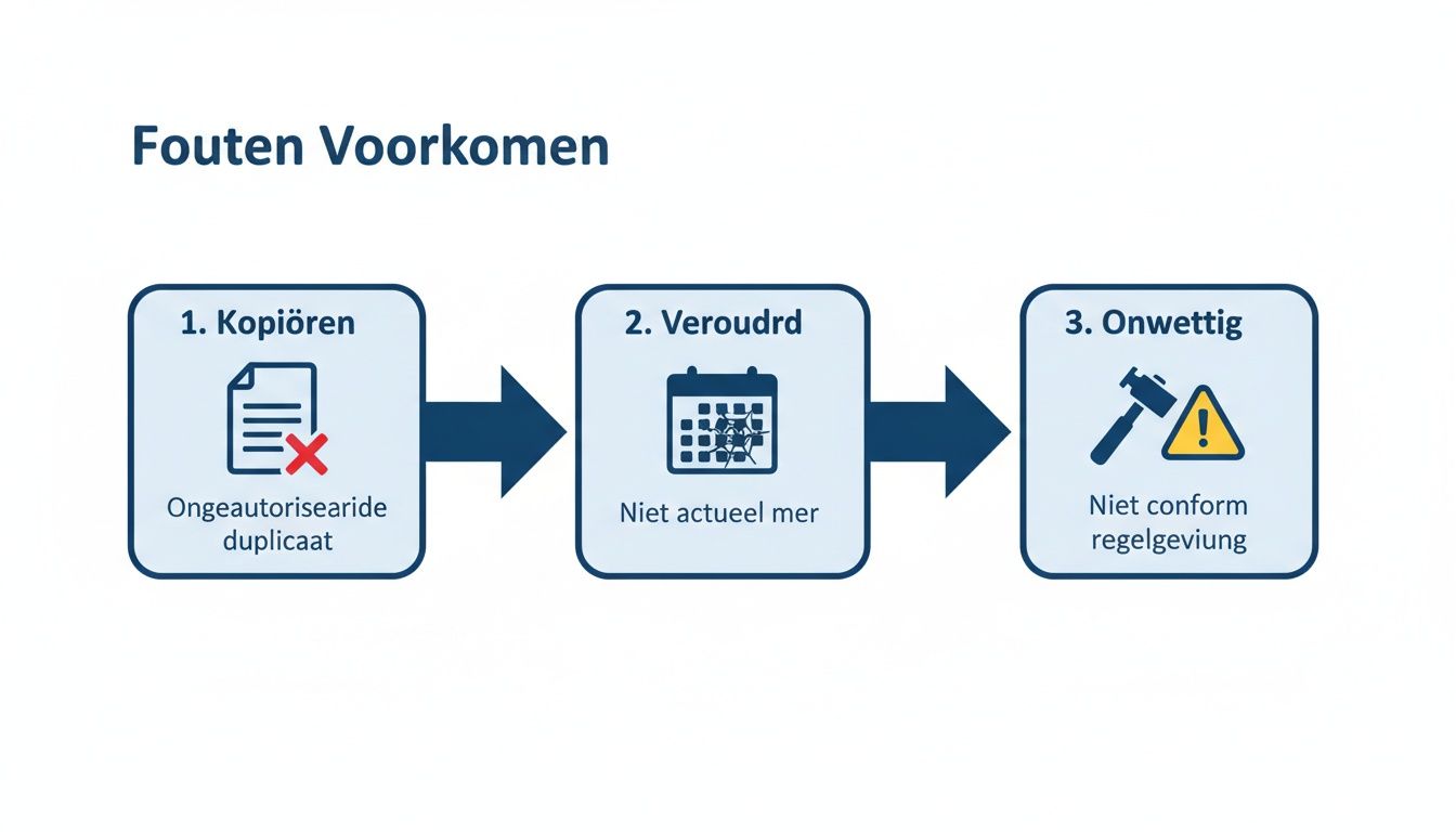 Stroomdiagram over fouten voorkomen: ongeautoriseerde kopieën, verouderde informatie en niet-conforme regelgeving.