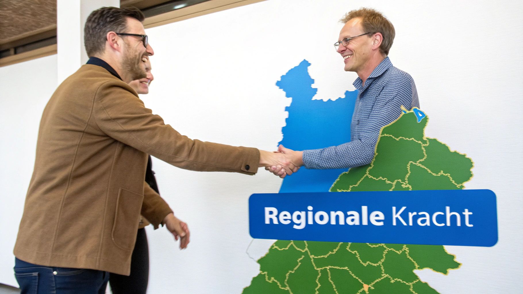 Twee lachende mannen schudden elkaar de hand voor een grote kaart met de tekst "Regionale Kracht".