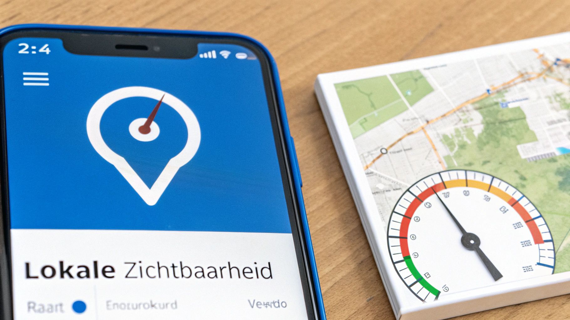 Smartphone met app voor lokale zichtbaarheid naast een kaart met een meetinstrument.