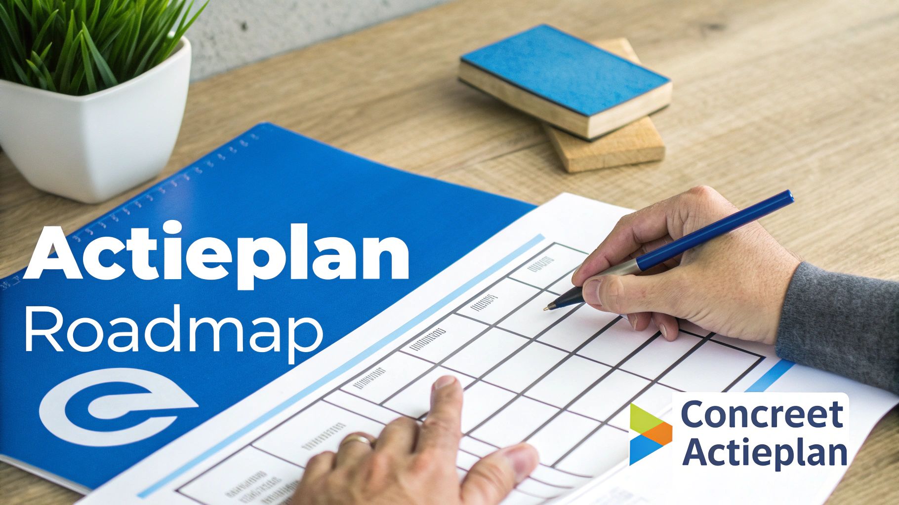Een persoon schrijft op een document voor een actieplan of roadmap, met een blauwe map op een houten bureau.