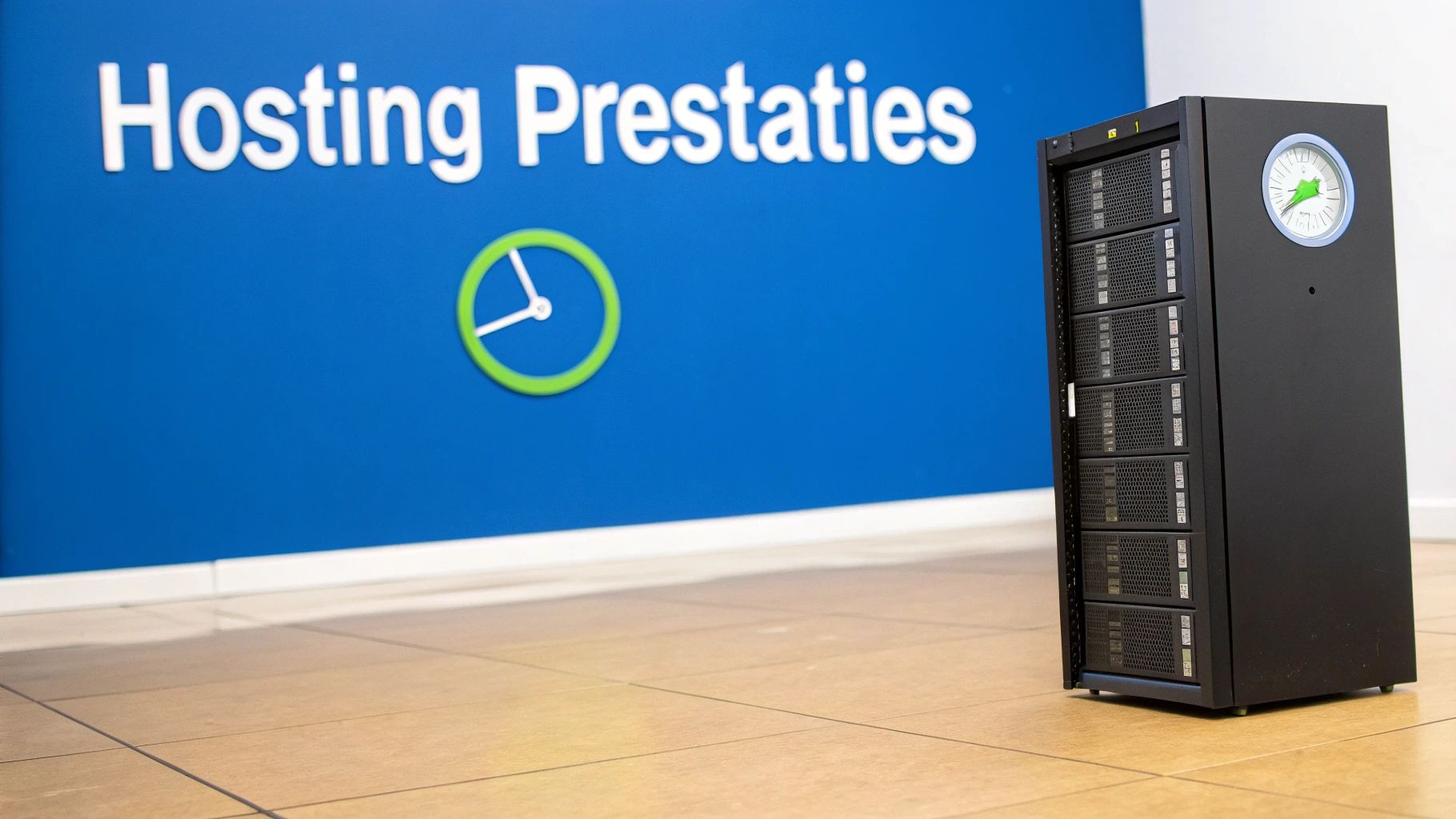 Een serverrack op een tegelvloer met een blauwe muur met 'Hosting Prestaties' en een kloklogo op de achtergrond.