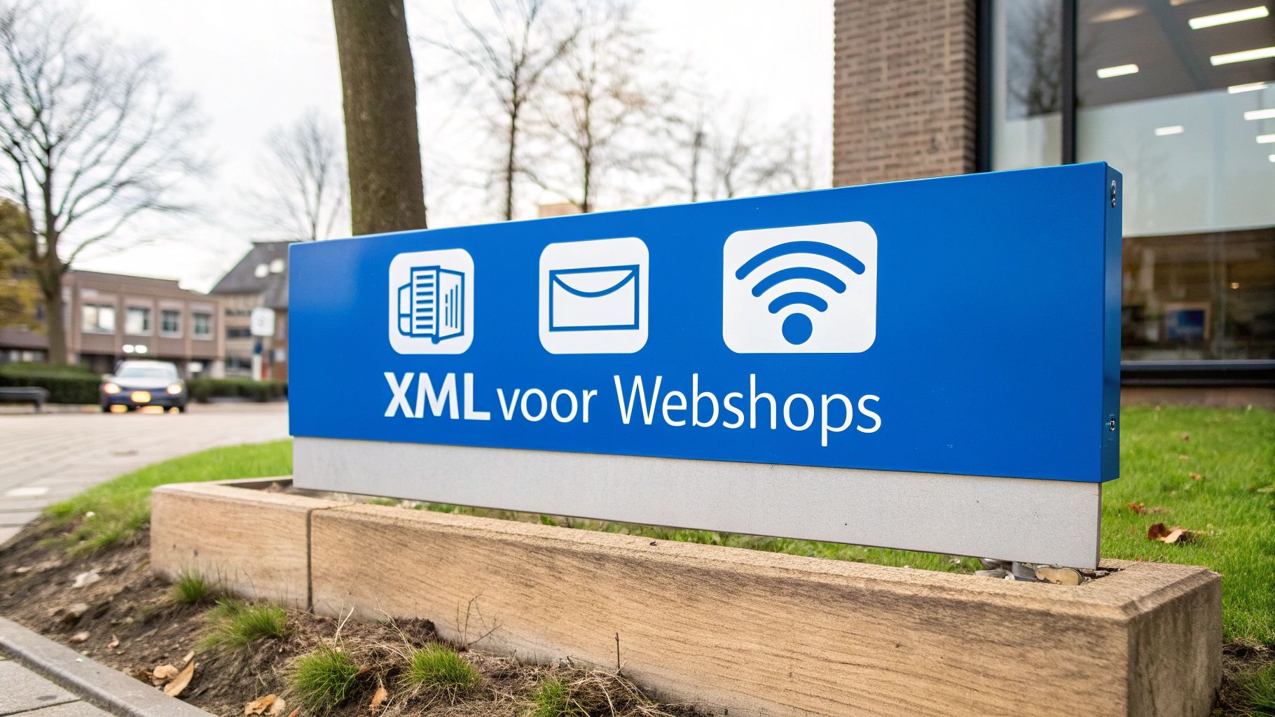 Een blauw informatief bord met witte pictogrammen en de tekst 'XML voor Webshops' staat buiten in het gras.