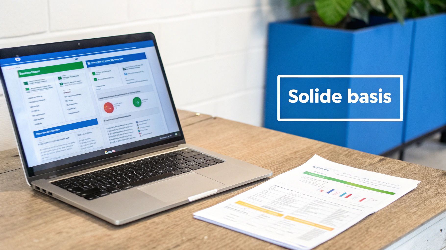 Laptop op een houten bureau met een webapplicatie die grafieken en data toont, naast een geprint document. De tekst 'Solide basis' is zichtbaar.