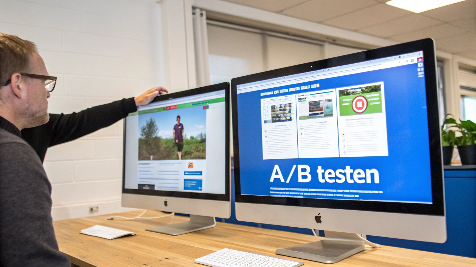 Een man kijkt naar twee computerschermen waarop webpagina's worden weergegeven, met de tekst 'A/B testen' duidelijk zichtbaar op één scherm.