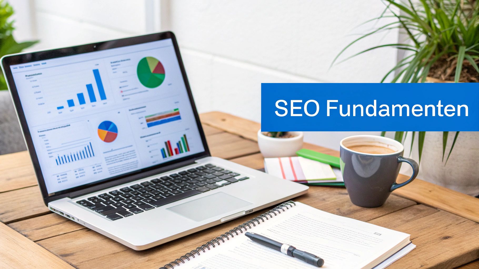 Laptop toont SEO-analysetools en grafieken, met koffie, notitieboek en pen op houten tafel. Banner zegt 'SEO Fundamenten'.