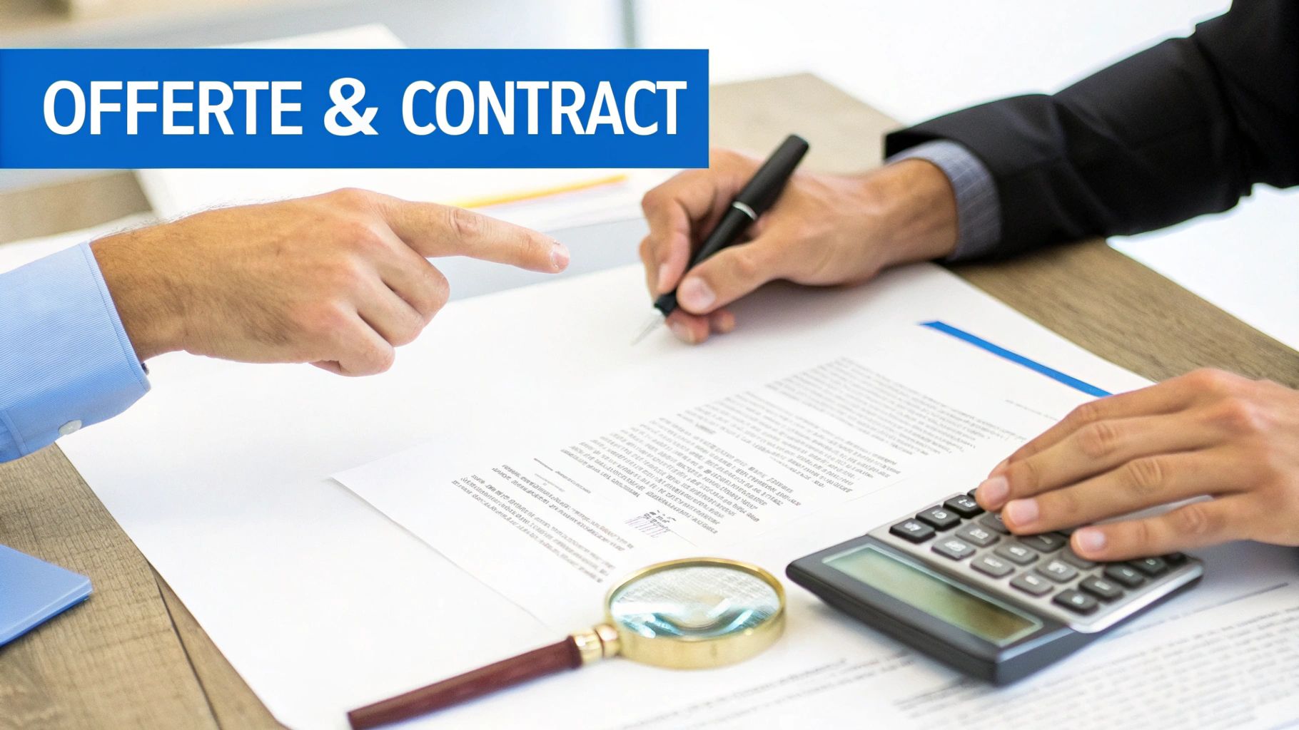 Twee personen bij het ondertekenen van een contract met een offerte, pen en rekenmachine op tafel.