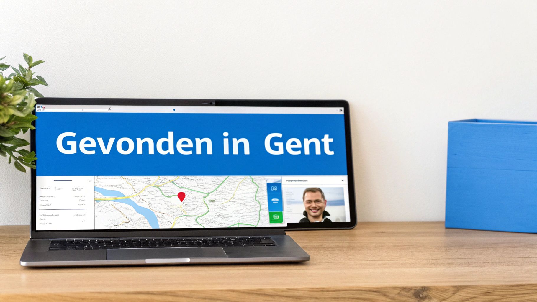 Laptop op een houten bureau toont een website met de tekst 'Gevonden in Gent', een kaart van Gent en een glimlachend gezicht.