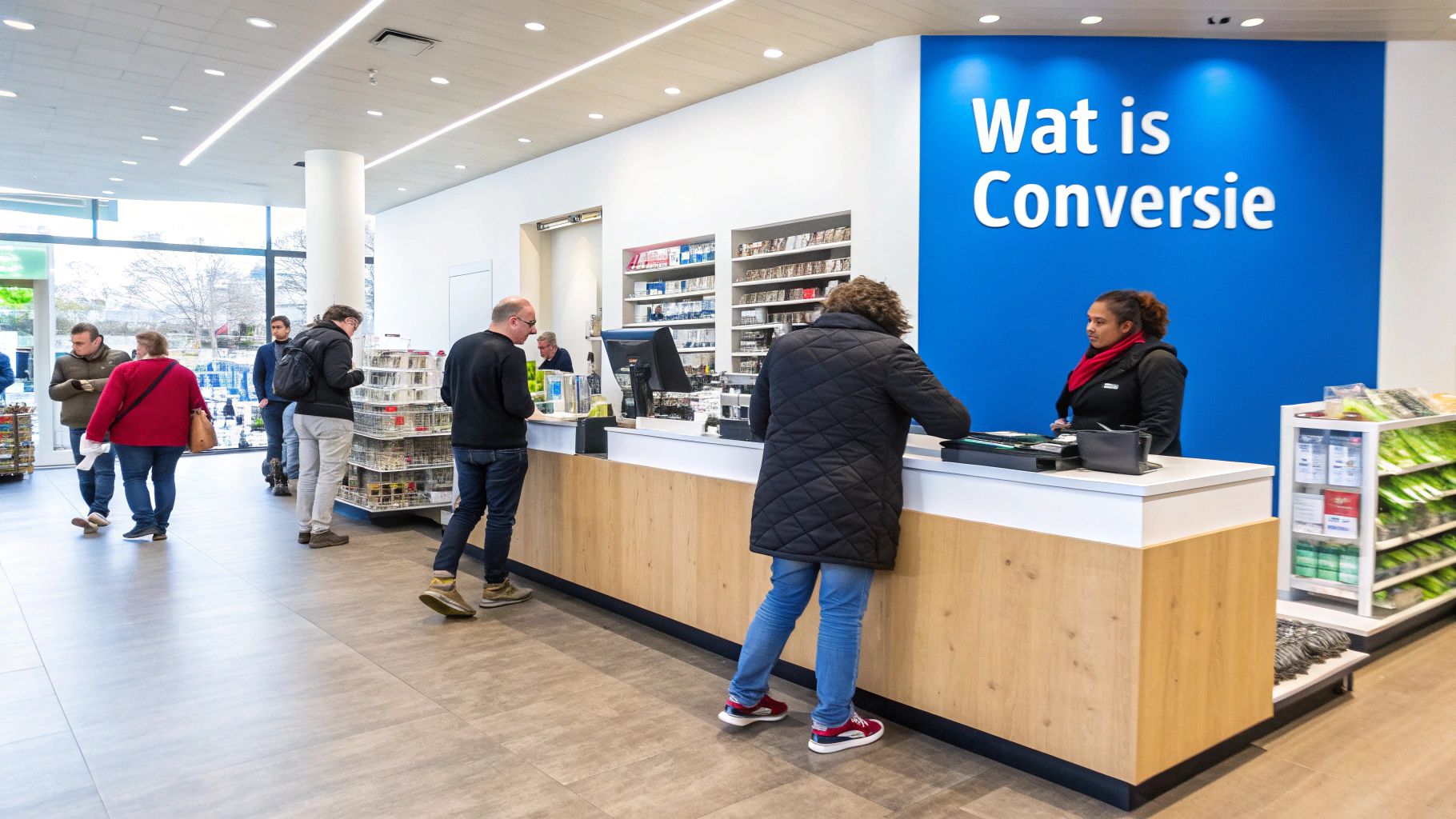 Klanten bij een balie in een moderne winkel met een blauwe muur met daarop 'Wat is Conversie'.