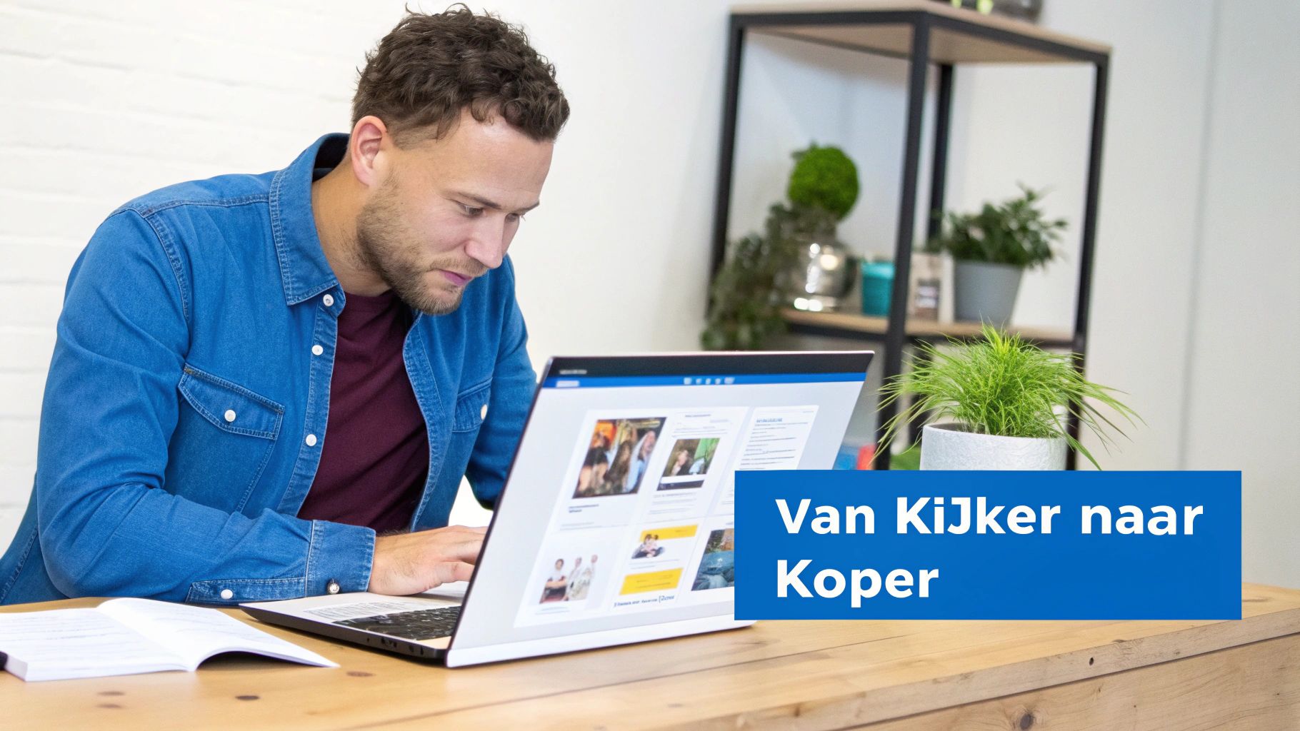 Man in blauw spijkeroverhemd werkt geconcentreerd op een laptop aan een houten bureau met planten.