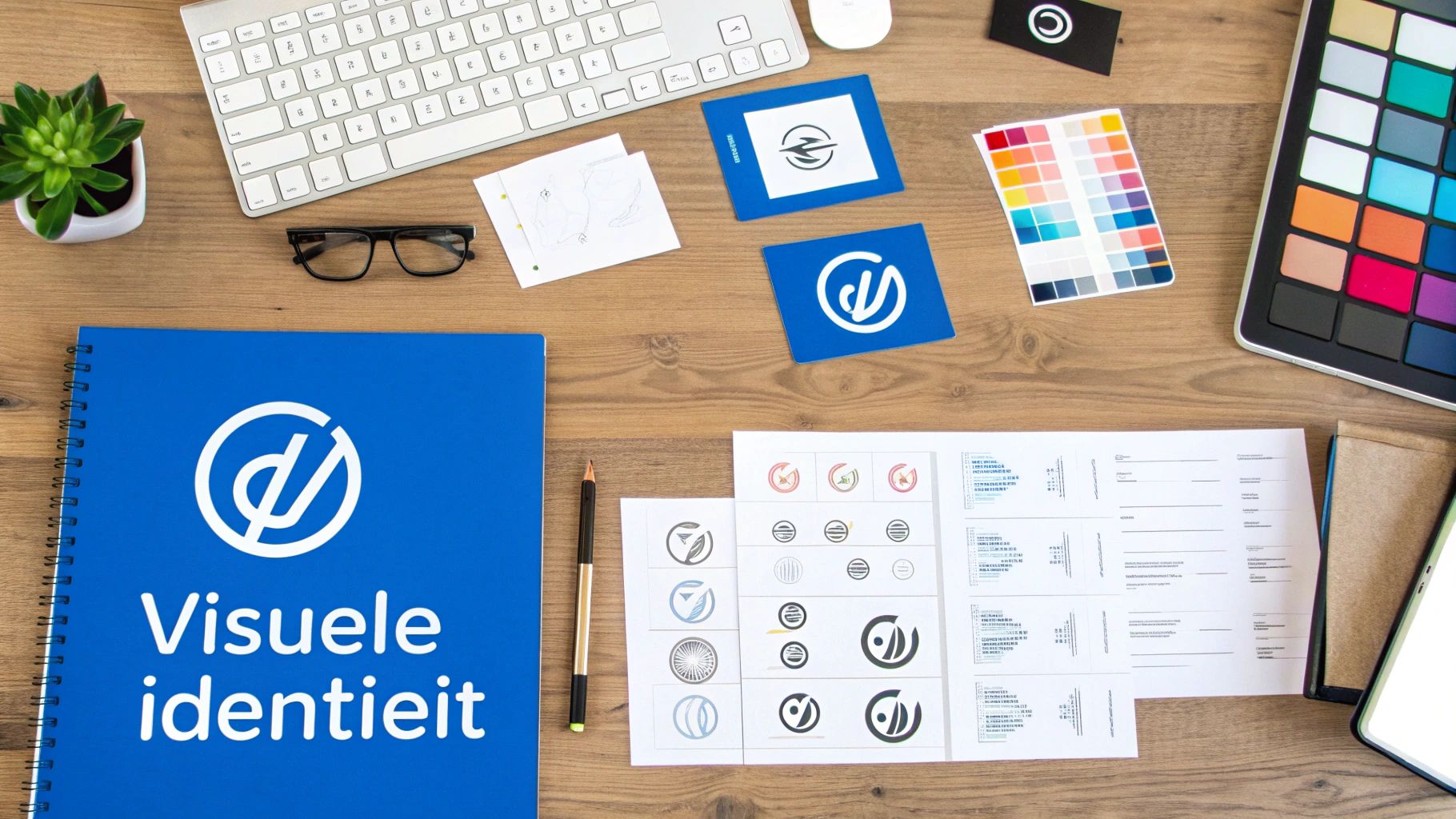 Plattegrond van een bureau met brandingmaterialen: een blauwe map 'Visuele identiteit', logo's, kleurstalen en ontwerpdocumenten.