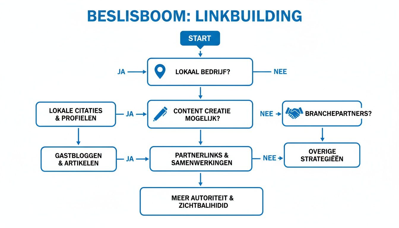 Stroomdiagram dat de beslissingsboom voor linkbuilding strategieën voor online marketing illustreert.