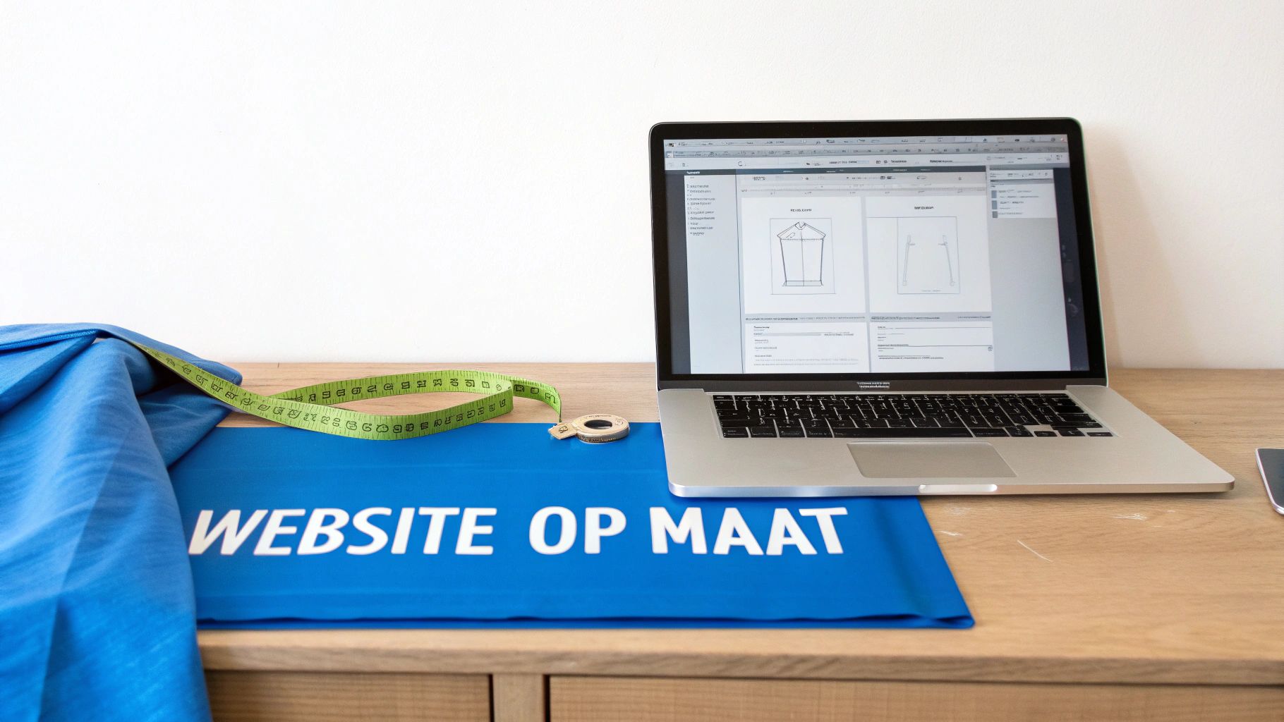 Een laptop toont ontwerppatronen naast een blauwe stof met 'WEBSITE OP MAAT', een meetlint en vingerhoed op een bureau.