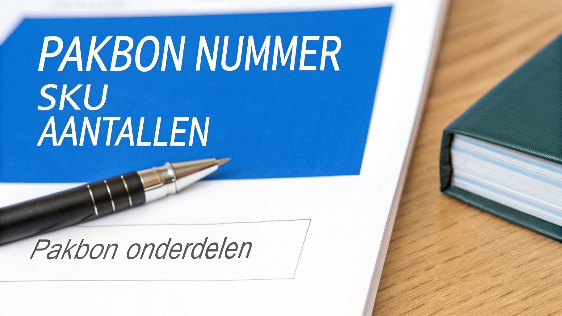Gedetailleerde weergave van een pakbon document met de termen 'Pakbon Nummer', 'SKU' en 'Aantallen', en een pen.