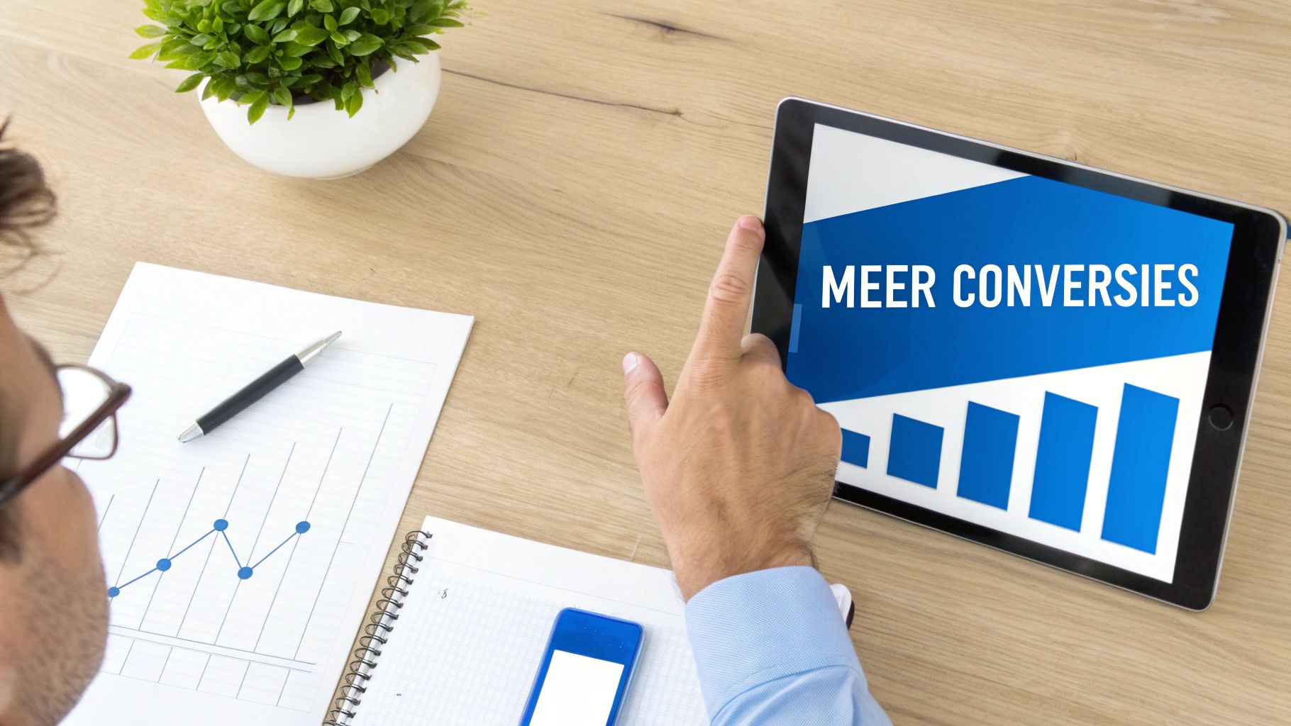 Man op houten bureau kijkt naar tablet met 'Meer conversies' en een staafdiagram, naast een lijngrafiek op papier.