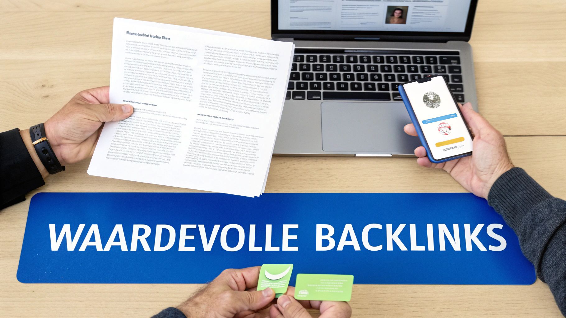 Persoon leest documenten en gebruikt telefoon en laptop, met 'WAARDEVOLLE BACKLINKS' op tafel.