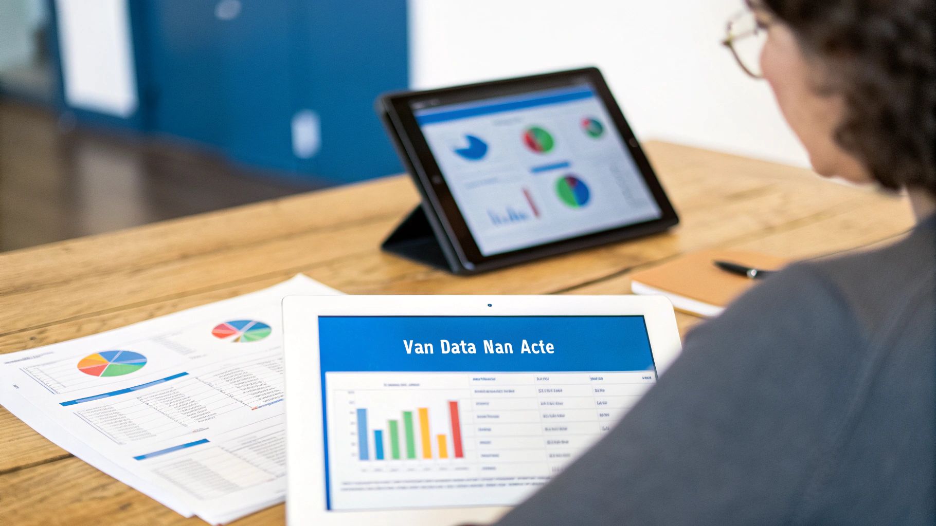 Een persoon analyseert gegevens en grafieken op een laptop en tablet, met afgedrukte documenten op een houten bureau.