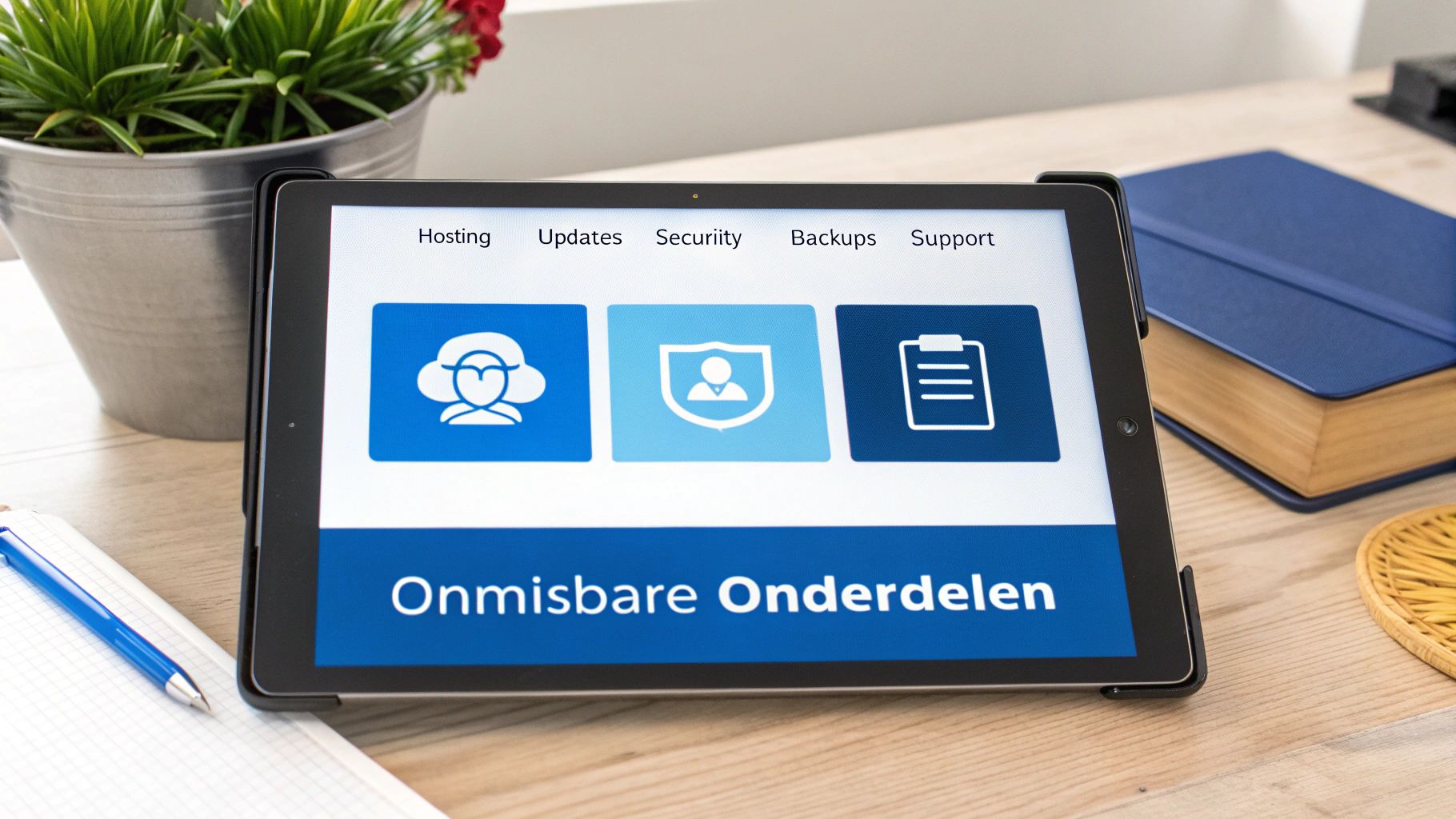 Digitale tablet met belangrijke websiteonderdelen zoals hosting, beveiliging en backups, op een houten bureau.
