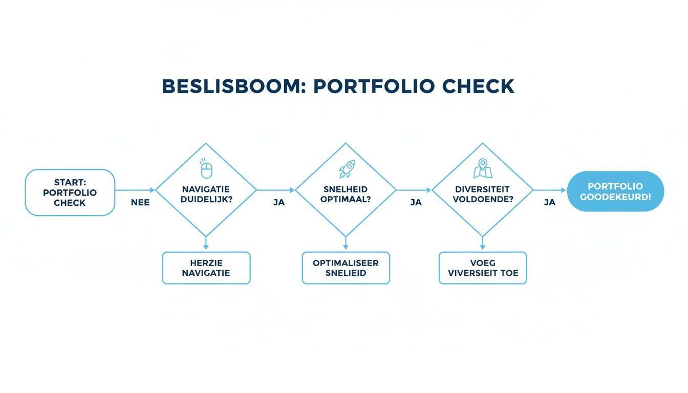 Een beslisboom stroomschema voor een portfoliocontrole met stappen over navigatie, snelheid en diversiteit.
