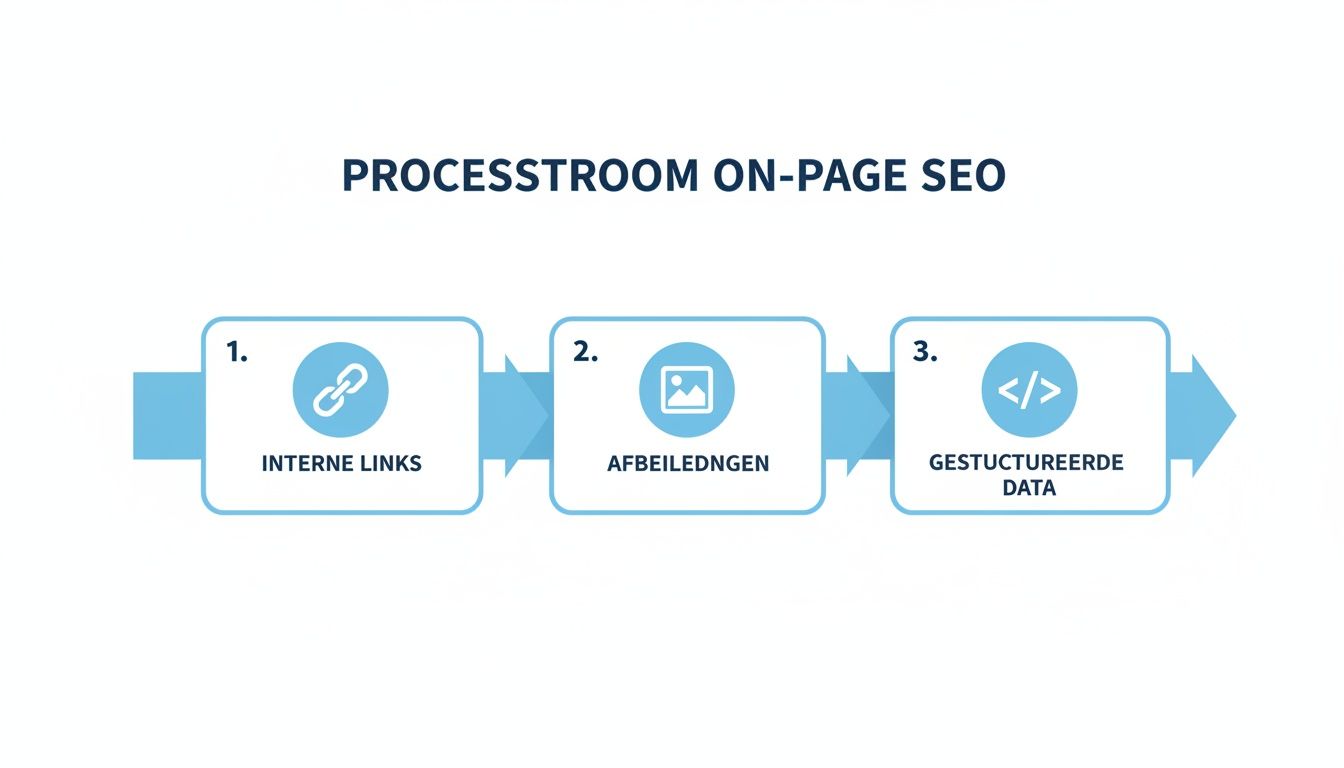 Een schematische weergave van de processtroom voor on-page SEO, met stappen voor interne links, afbeeldingen en gestructureerde data.