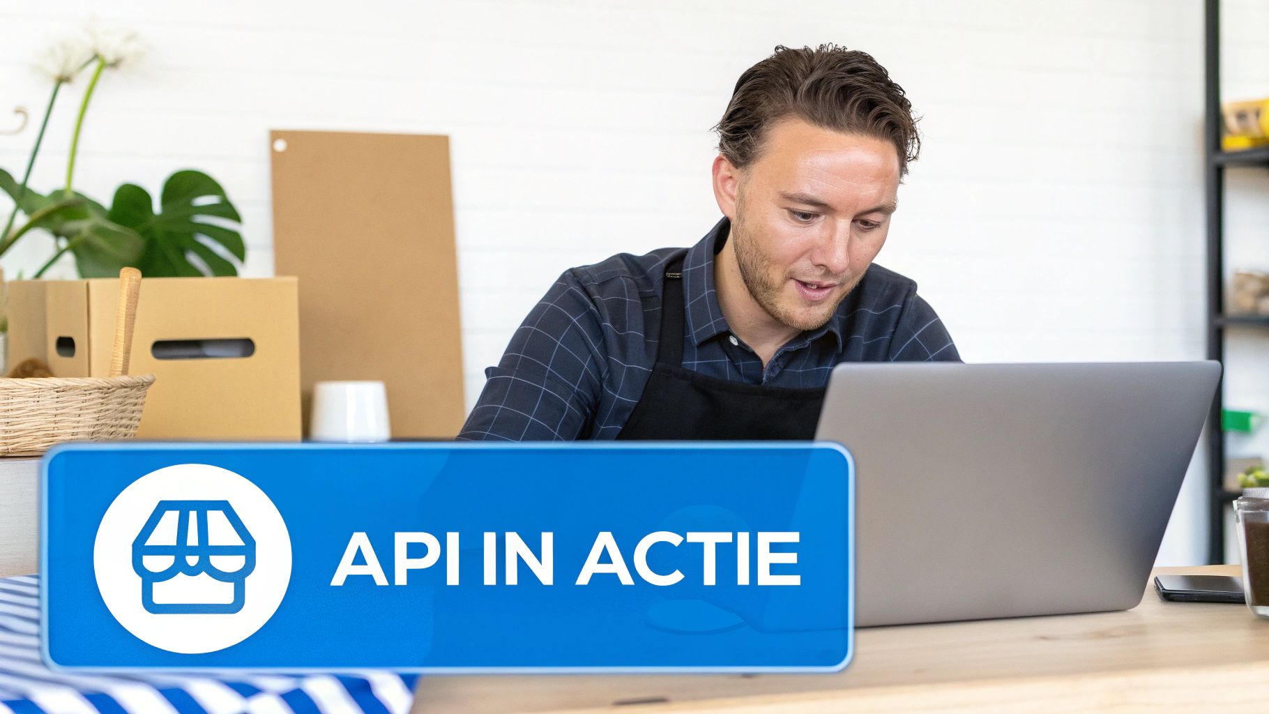 Een ondernemer in een schort werkt geconcentreerd op zijn laptop, met een duidelijke blauwe banner: 'API IN ACTIE'.