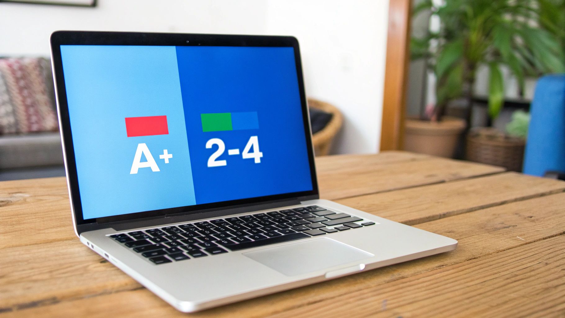 Een zilverkleurige laptop op een houten tafel toont cijfers 'A+' en '2-4' op een gesplitst scherm.