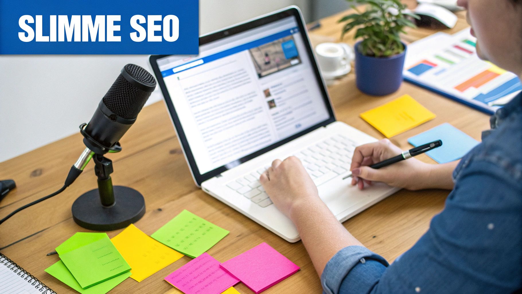 Persoon creëert content en optimaliseert SEO op laptop, met microfoon en notities, voor het aantrekken van klanten.