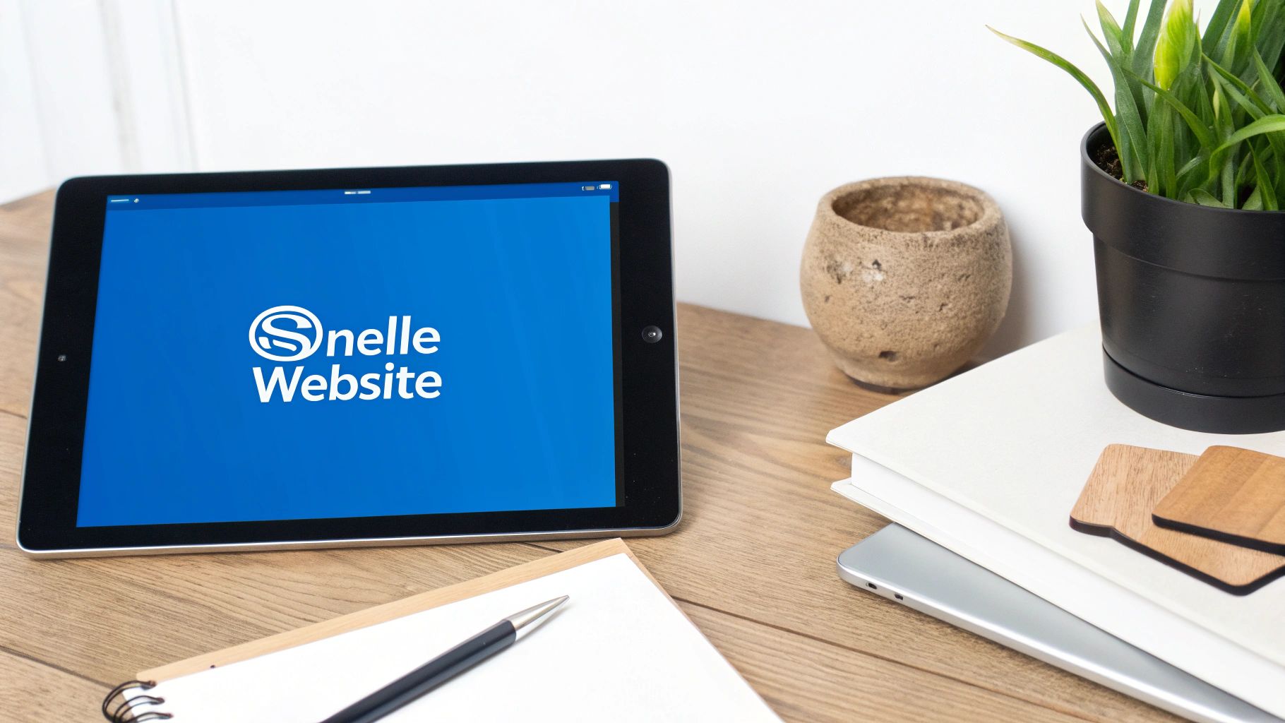 Een zwarte tablet toont 'Snelle Website' op een houten bureau met planten en een notitieboek.