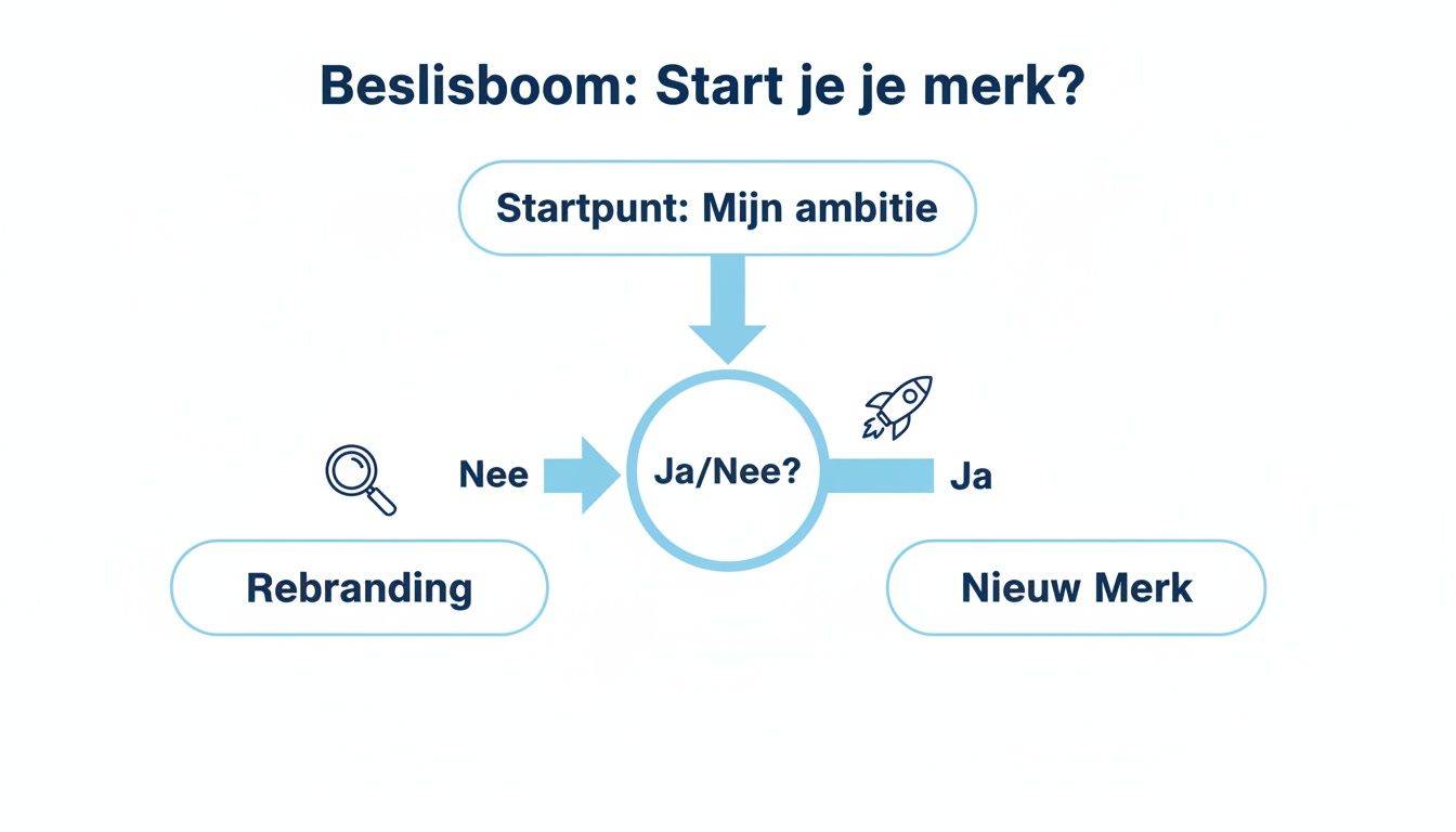 Beslisboom voor merkstrategie: startpunt ambitie. Kies tussen rebranding (nee) of een nieuw merk (ja).