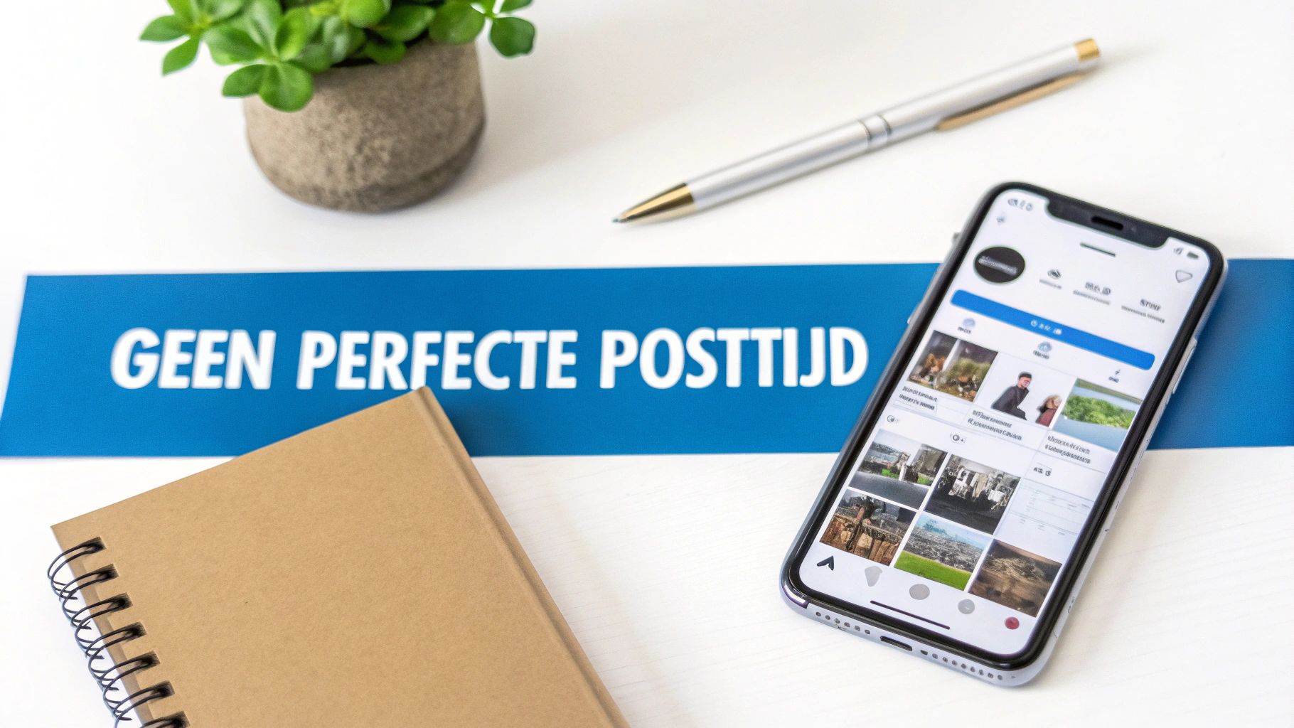 Een flat lay van een bureau met een plant, pen, notitieboek en smartphone met een Instagram feed. Er ligt ook een blauwe strook met 'Geen perfecte posttijd'.