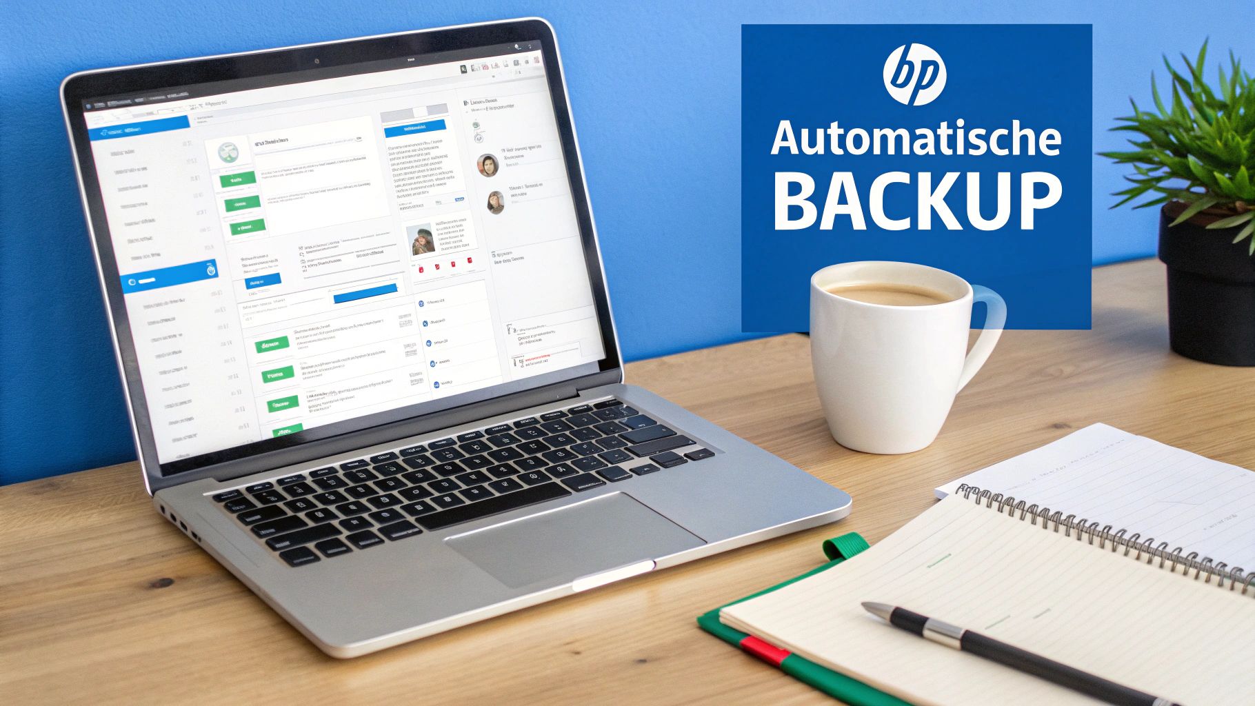 Laptop op houten bureau met koffie, notitieblok en plant. HP logo en 'Automatische BACKUP' op blauwe achtergrond.