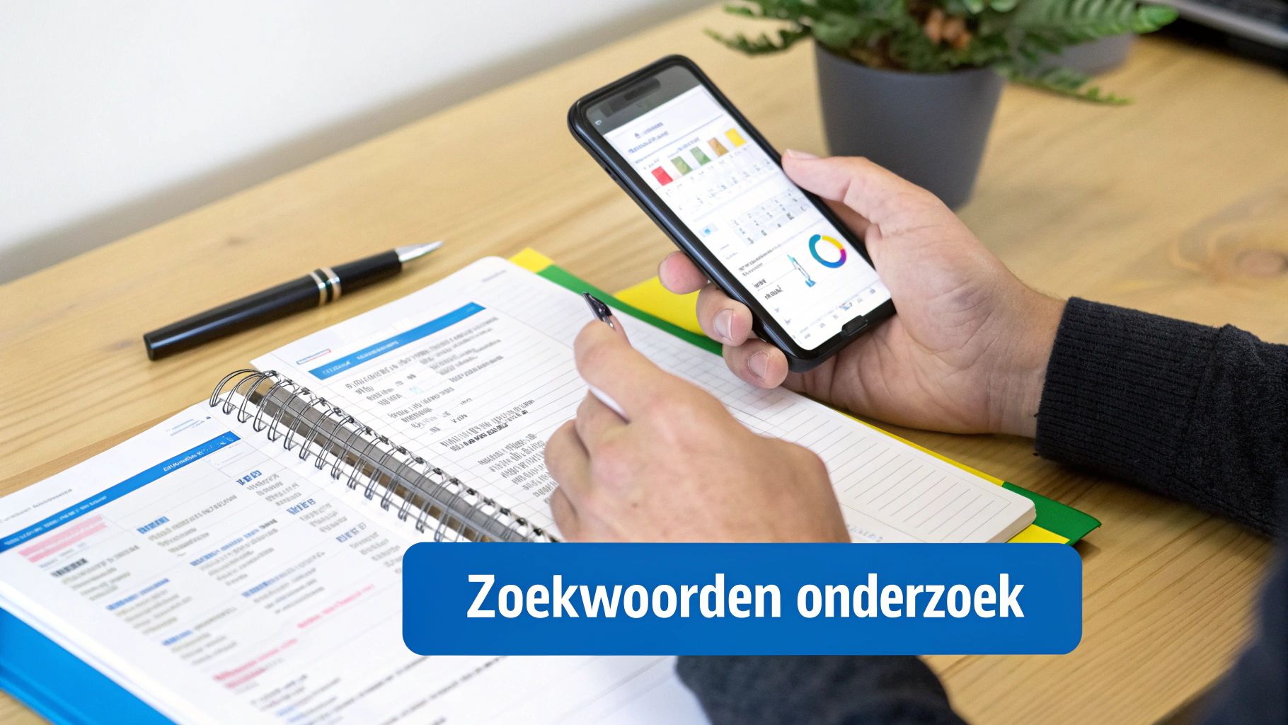 Persoon met smartphone en notitieboekje bezig met zoekwoordenonderzoek aan een houten bureau.