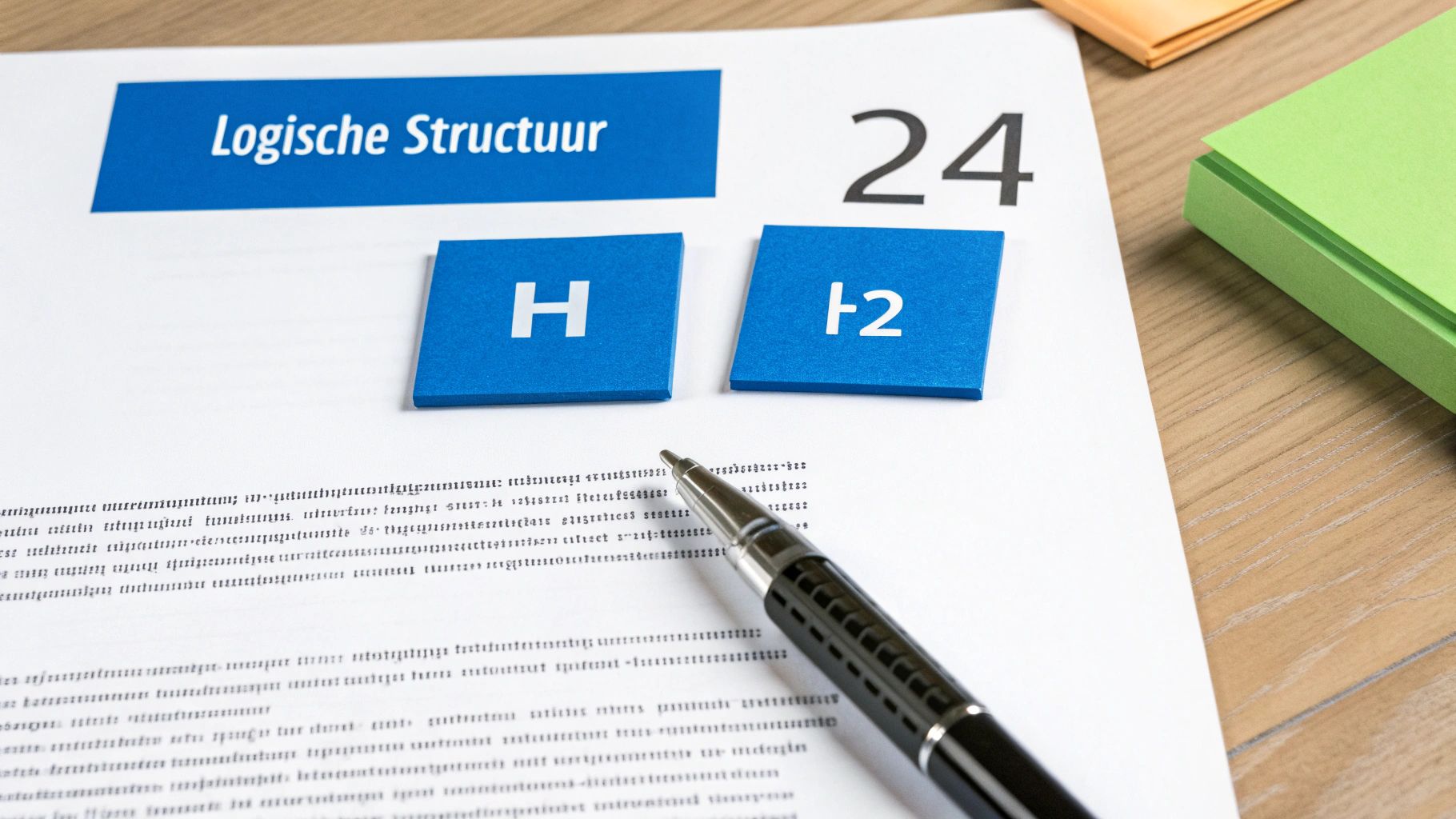 Een document met de titel 'Logische Structuur', twee blauwe blokjes met 'H' en 'h2', het nummer 24 en een pen.