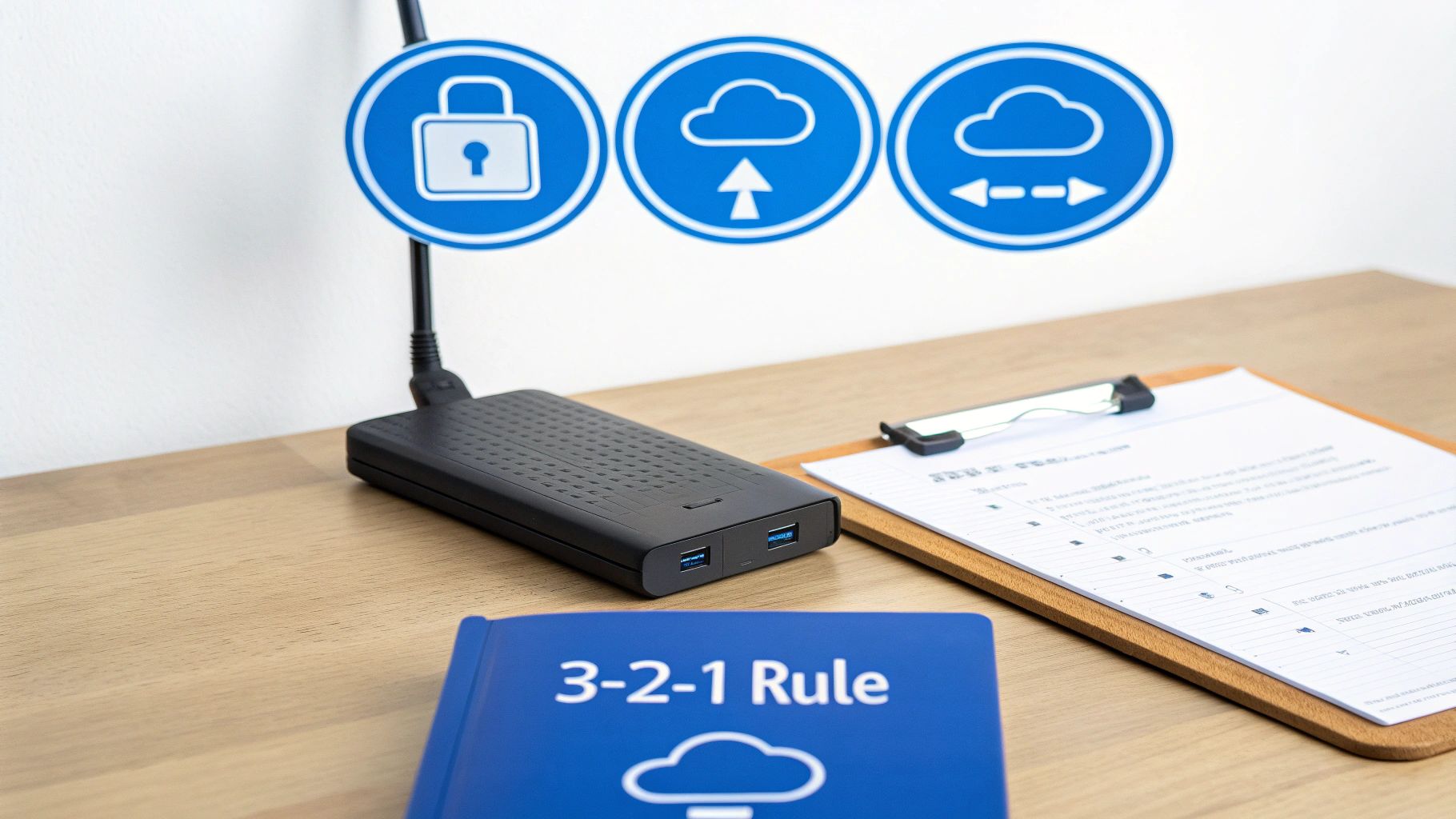 Concept van databack-up en beveiliging met 3-2-1 regel, externe harde schijf en cloud-iconen.