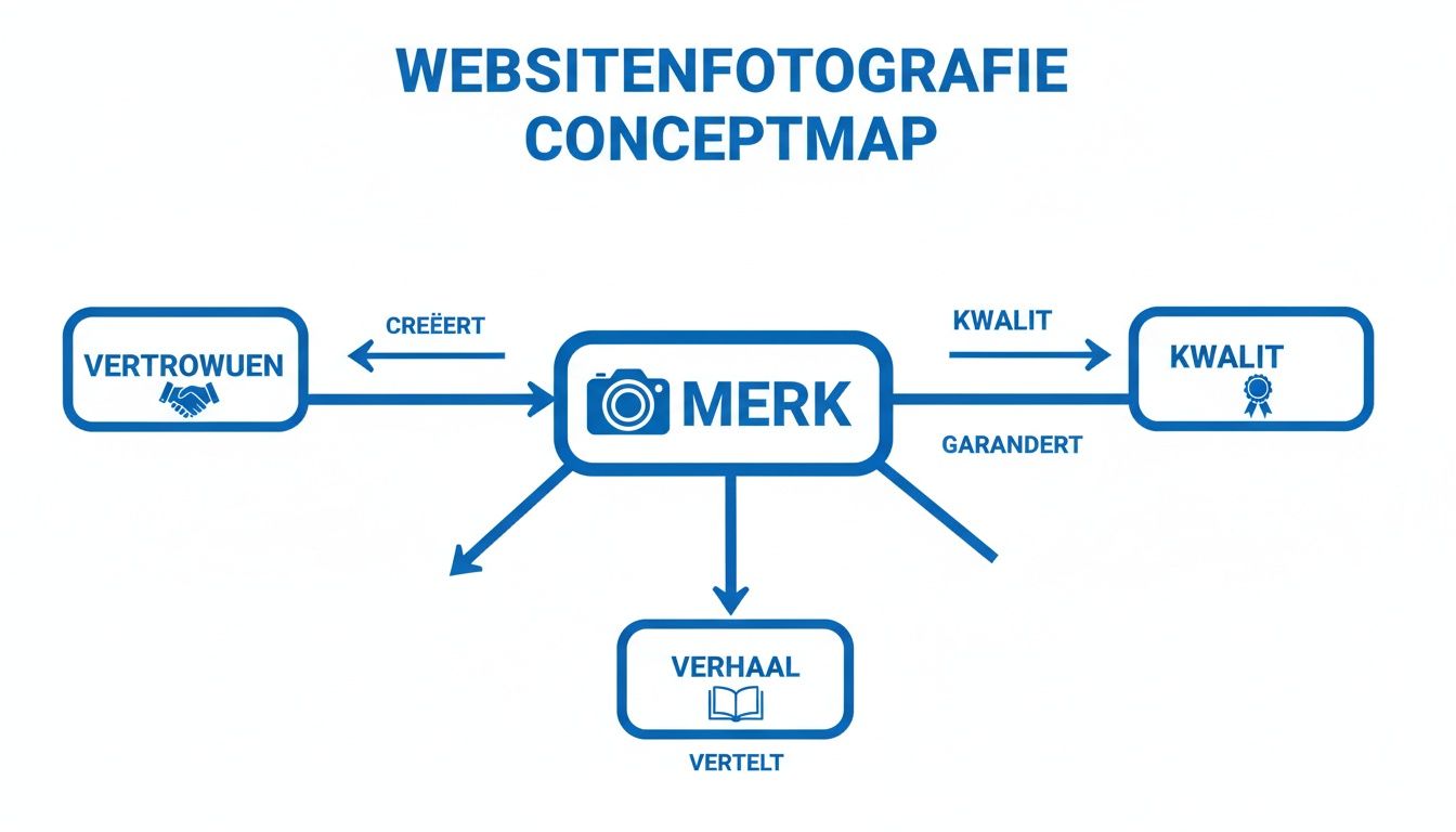 Conceptmap over websitefotografie die laat zien hoe een merk vertrouwen creëert, kwaliteit garandeert en een verhaal vertelt.