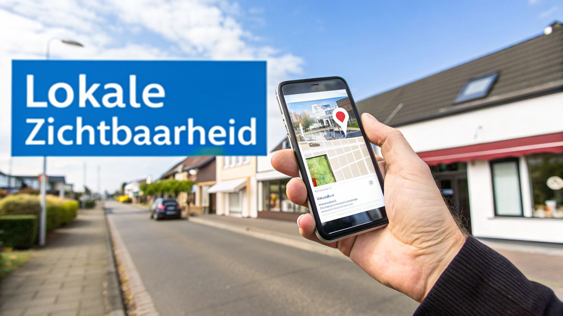 Persoon houdt smartphone vast met een kaartweergave en rode locatiepin, naast een blauw bord 'Lokale Zichtbaarheid'.