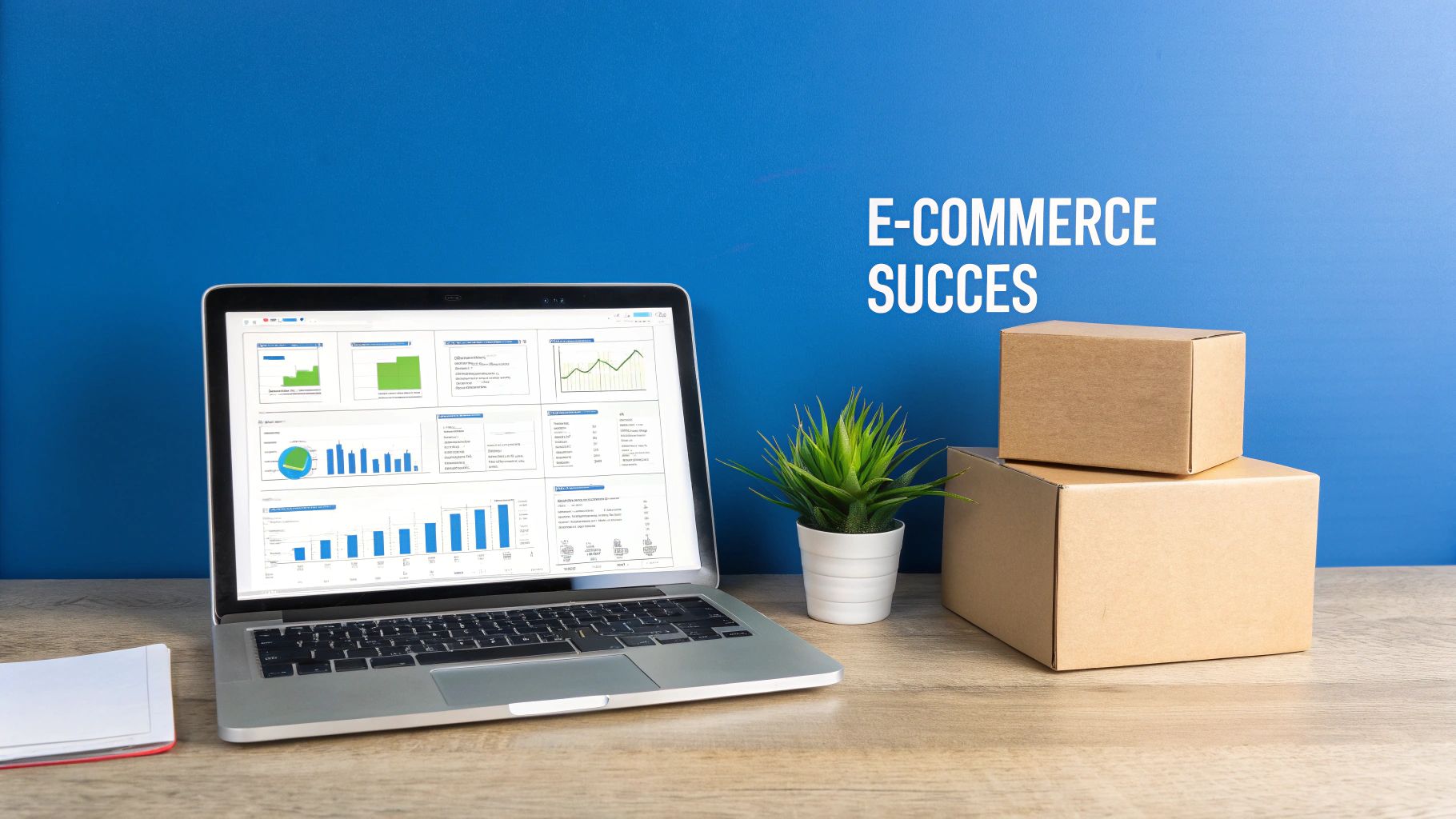 Een laptop toont e-commerce statistieken naast een plant en gestapelde pakketjes op een houten bureau met 'E-COMMERCE SUCCES' op de blauwe muur.