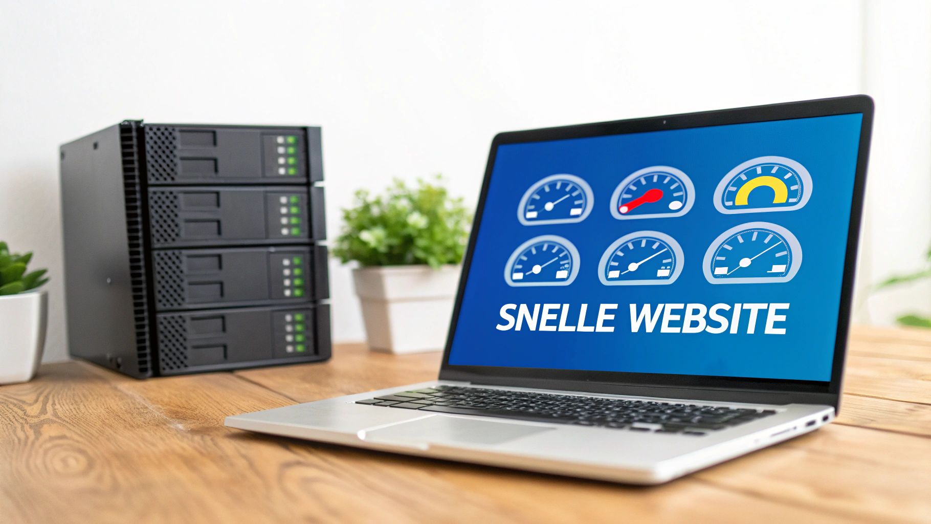 Een laptop toont 'SNELLE WEBSITE' en snelheidsmeters, staand naast een serverbehuizing op een houten bureau.