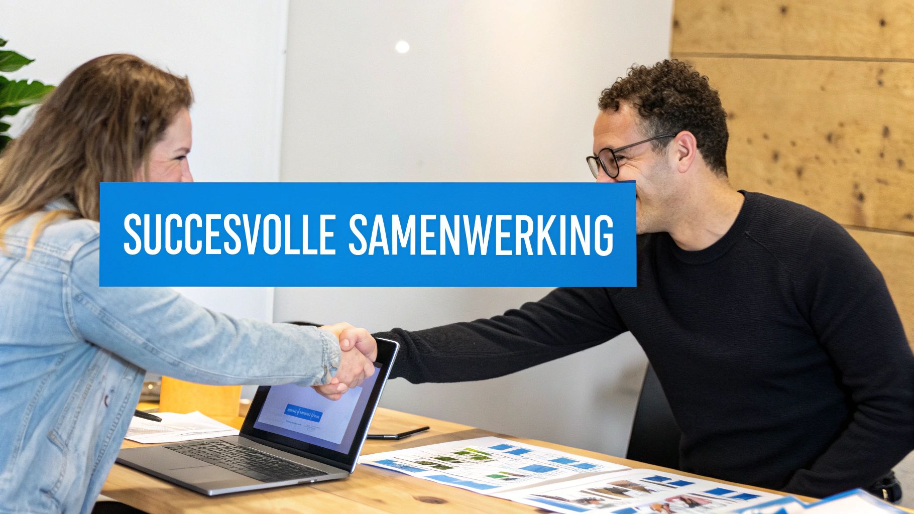 Twee mensen schudden elkaar de hand over een tafel, symbolisch voor 'Succesvolle Samenwerking'.