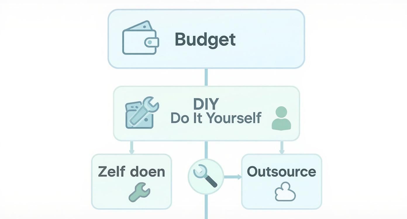 Een stroomdiagram over de keuze tussen zelf doen (DIY) en uitbesteden, beginnend met budget.