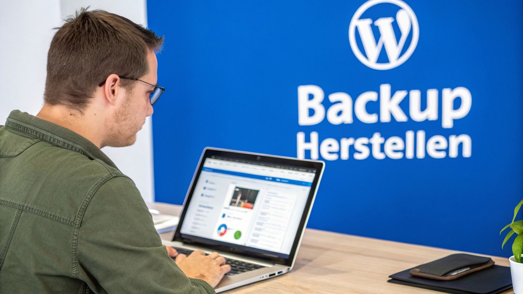 Een man werkt op een laptop met een WordPress dashboard, tegen een muur met 'Backup Herstellen'.