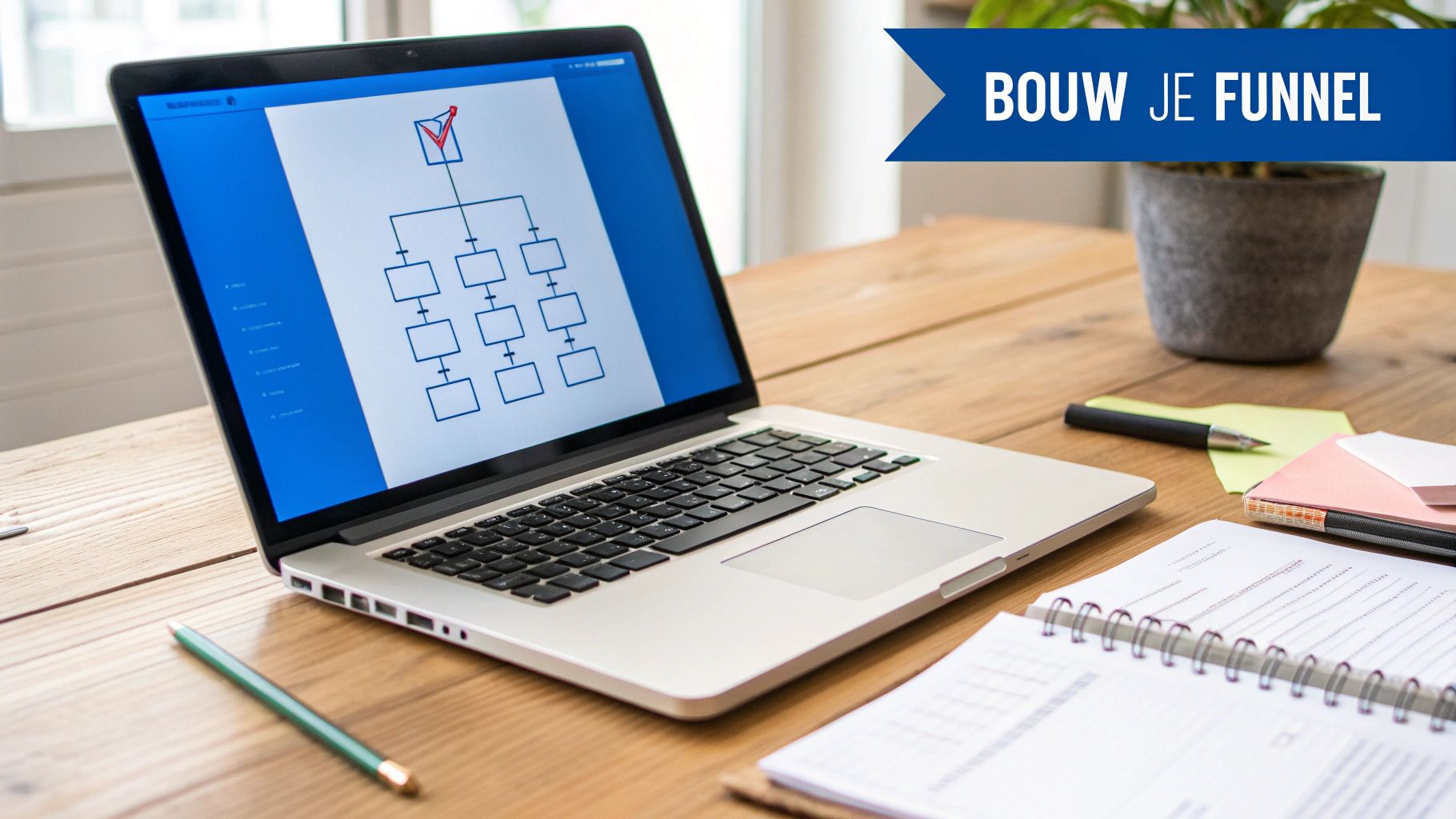Een laptop op een houten bureau toont een flowchart, met de tekst 'Bouw je funnel'. Ideaal voor online marketing.
