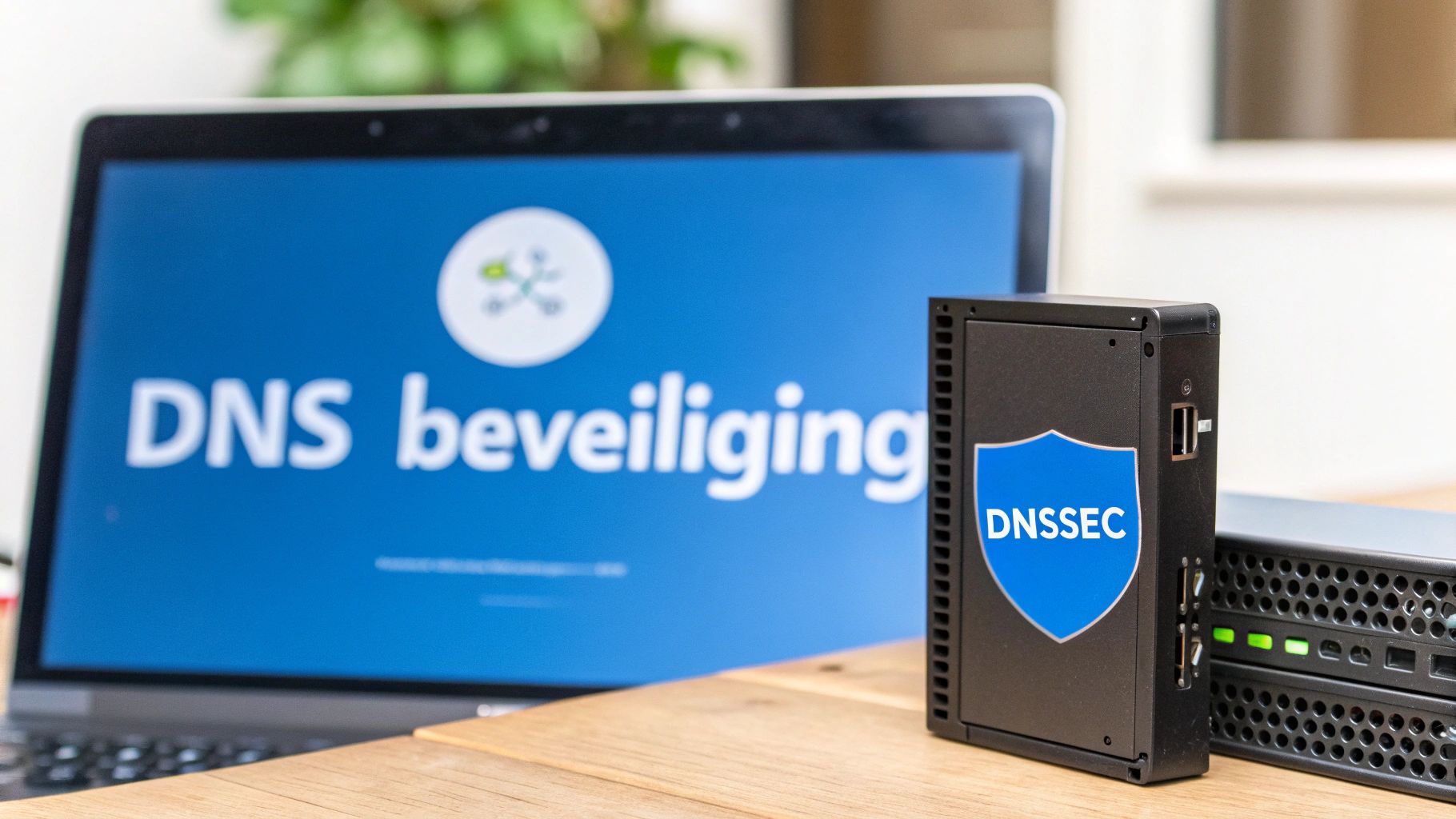 Een laptop toont 'DNS beveiliging' met een DNSSEC-apparaat ernaast, symboliserend netwerkbeveiliging.