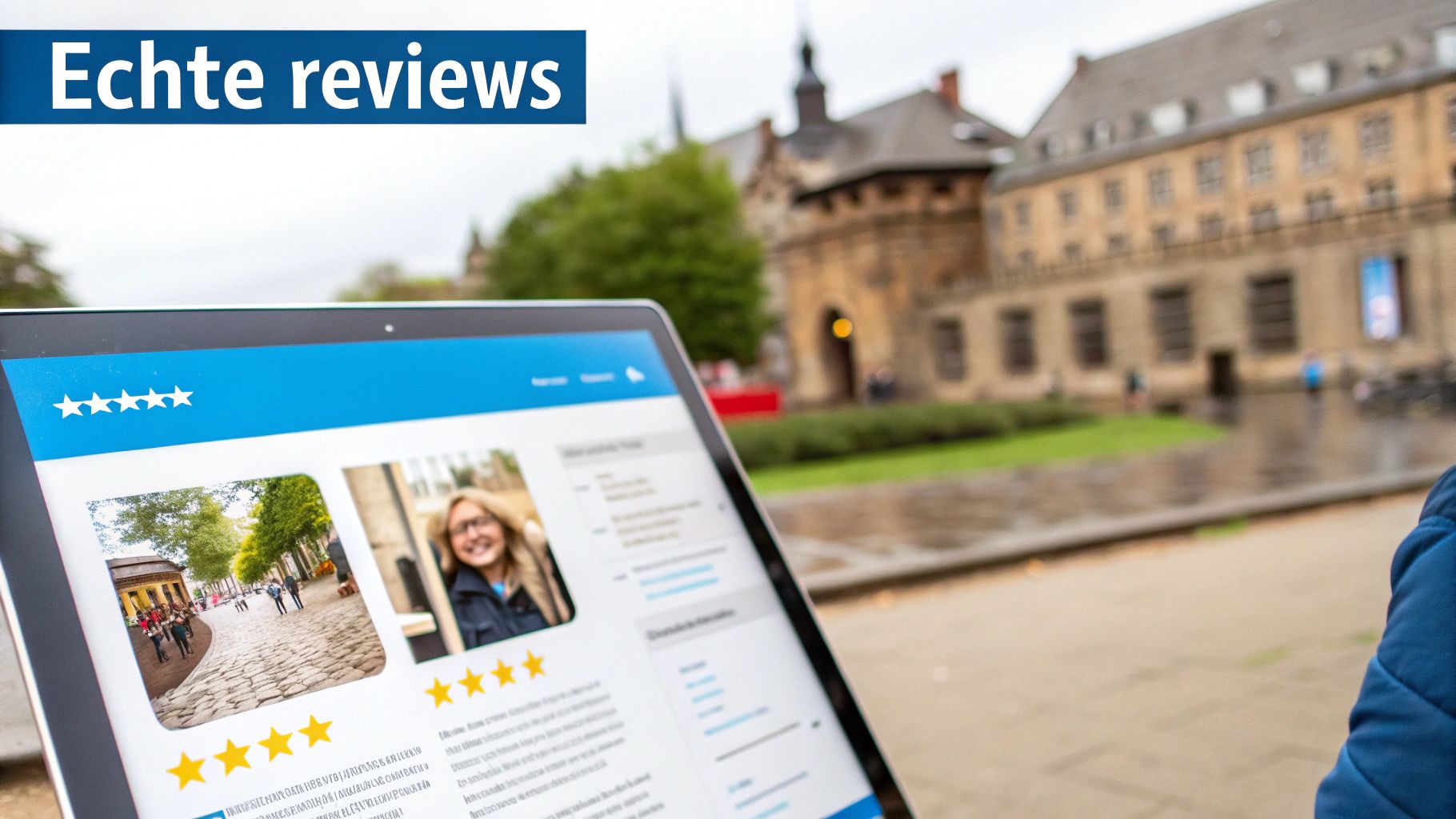 Tablet toont een website met 'Echte reviews', inclusief sterbeoordelingen en foto's, voor historische gebouwen.