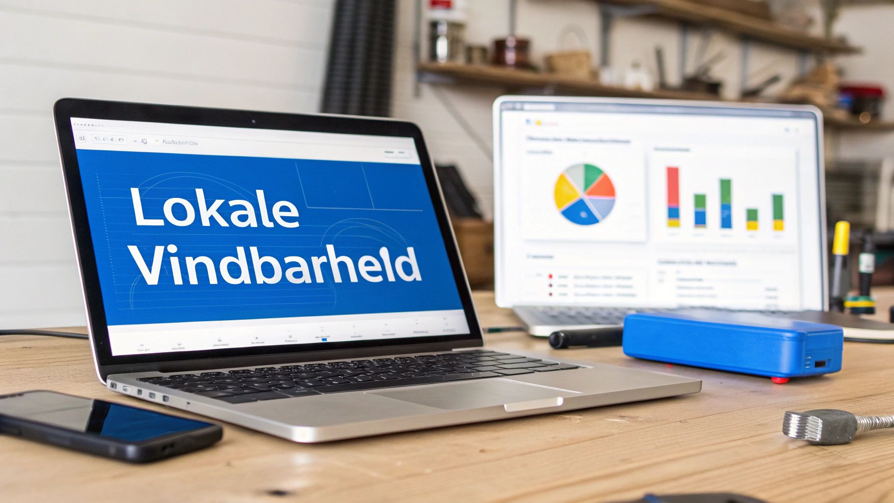 Twee laptops op een bureau. Eén scherm toont 'Lokale Vindbaarheid', het andere zakelijke grafieken en data.