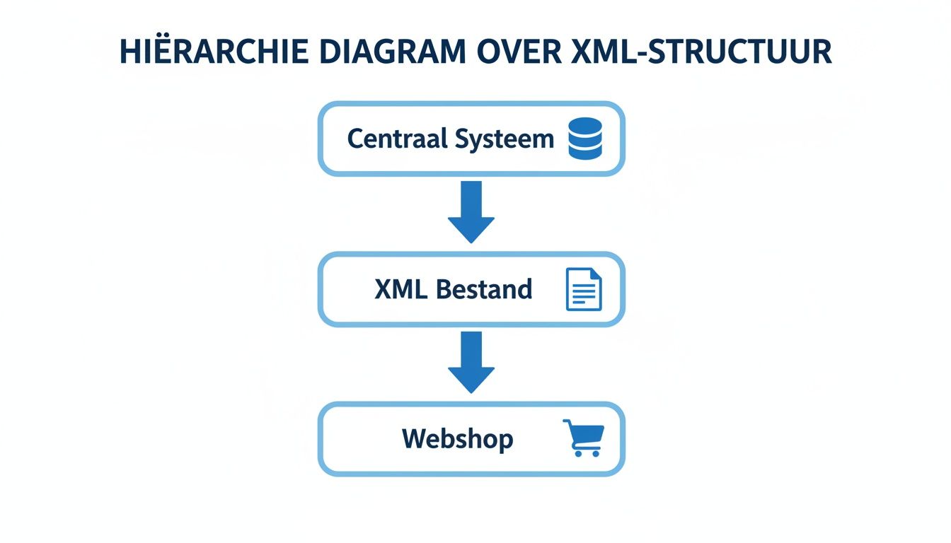 Hiërarchie diagram over een XML-structuur, beginnend bij een Centraal Systeem, via een XML Bestand, naar een Webshop.