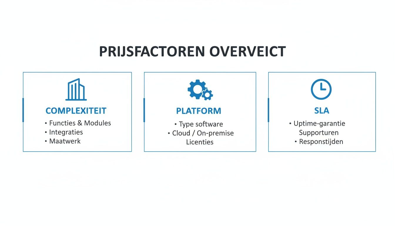 Overzicht van prijsfactoren voor software, inclusief complexiteit, platformkeuze en service level agreement (SLA).