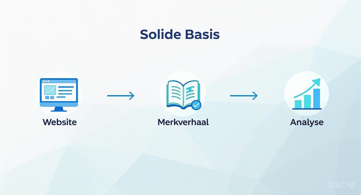 Een diagram toont de stappen voor een solide basis: Website, Merkverhaal en Analyse met pijlen.