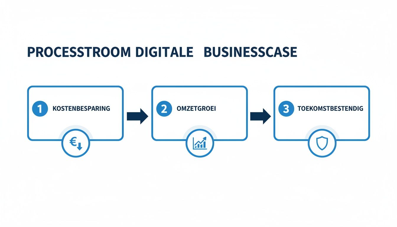 Processtroom van een digitale businesscase, gericht op kostenbesparing, omzetgroei en toekomstbestendigheid.