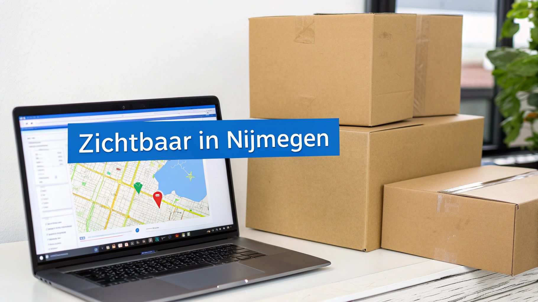 Laptop toont een kaart met locatietracking naast stapels kartonnen dozen, met 'Zichtbaar in Nijmegen' banner.